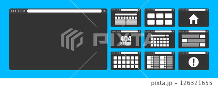 Web browser window, pages layout with toolbar and search field. Modern website, internet page in flat style. Browser mockup for computer, tablet and smartphone. Adaptive UI. Vector illustration 126321655