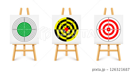 Shooting range target on a wooden easel stand. Paper target with divisions, marks and numbers. Archery, gun shooting and training, sport competition, hunting. Bullseye and aim. Vector illustration 126321687