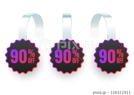 Supermarket promotional wobblers. Realistic white wobbler template for shelf advertising, 90 percent off discount. Sale label with ad text. Special offer price tag. Vector illustration 126321911