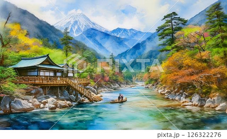 Discover the serene beauty of Kamikochi, a captivating valley nestled in the Japanese Alps, where crystal-clear rivers, lush forests, and towering mountains create a tranquil escape. 126322276