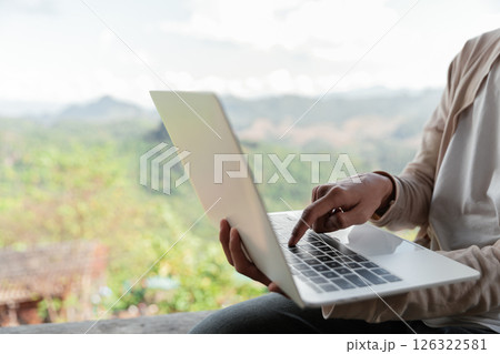 Future remote work combines technology nature smart phone enable e learning productivity while traveling blending comfort modern devices serenity computer equipment business connection natural world 126322581