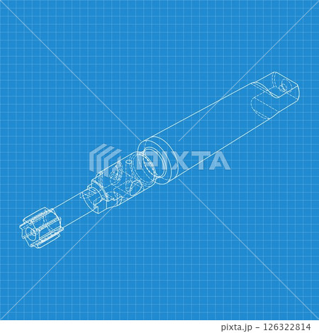 Mechanical engineering drawings. Tap tools, borer. Technical Design. Cover. Blueprint. Step Cutting Tool with Countersinking Function. Technical 3D Vector Illustration 126322814