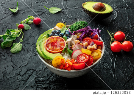 Buddha Bowl. Rainbow salad. Vegan poke bowl with avocado. Healthy food 126323058