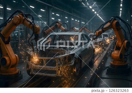 Robotic arms welding car bodies on automated assembly line in modern factory 126323263