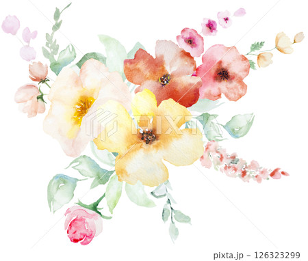 Bouquet with Watercolor pink and yellow flowers and leaves, pastel wedding isolated illustration Bouquet with Watercolor pink and yellow flowers and leaves, pastel wedding isolated illustration 126323299