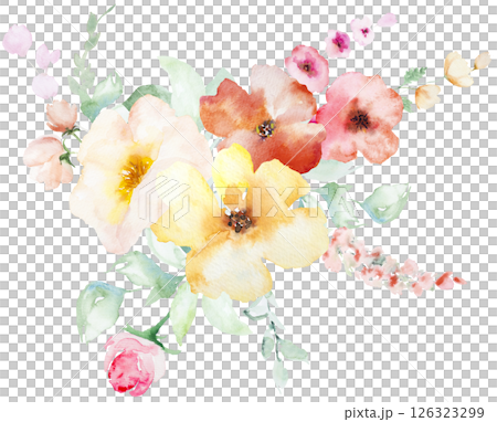 Bouquet with Watercolor pink and yellow flowers and leaves, pastel wedding isolated illustration Bouquet with Watercolor pink and yellow flowers and leaves, pastel wedding isolated illustration 126323299