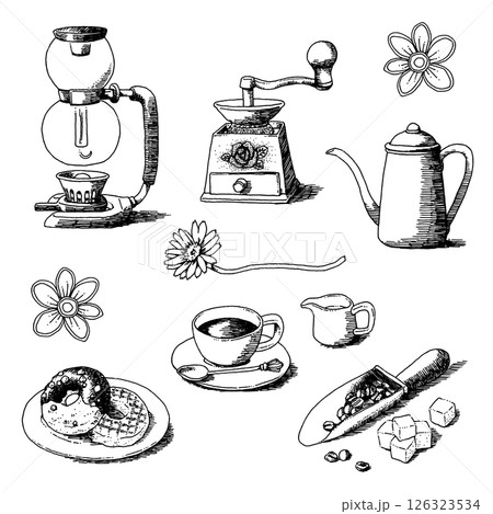 ペン画コーヒー道具セット 126323534