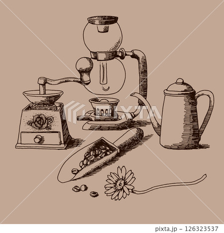 ペン画コーヒー道具セット 126323537