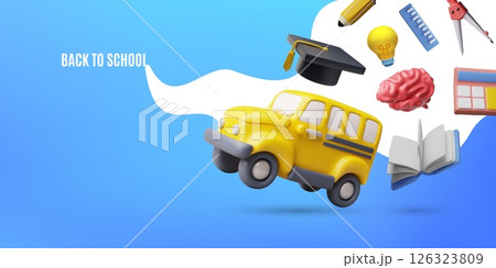 3D Back to School vector banner with flying yellow bus and education symbols on blue background. 126323809