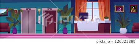 Hotel, house or company lobby and reception or concierge desk, vector flat vintage hall interior with lift elevators 126323899
