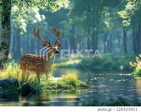 Close up Deers antler in the forest. Deer in a green forest with a lake. AI Generated. Close up Deers antler in the forest. Deer in a green forest with a lake. AI Generated. 126323911