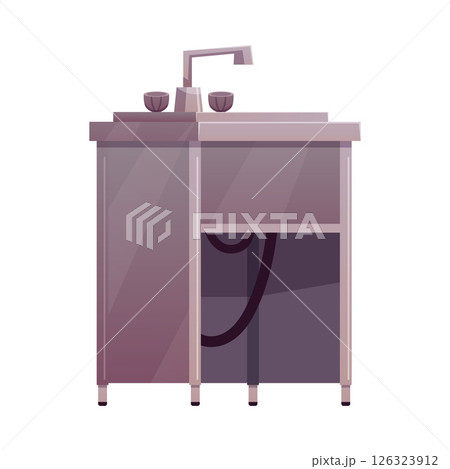 Steel sink, vector flat metallic household or restaurant kitchen hygiene appliance, stainless washbasin with faucet 126323912