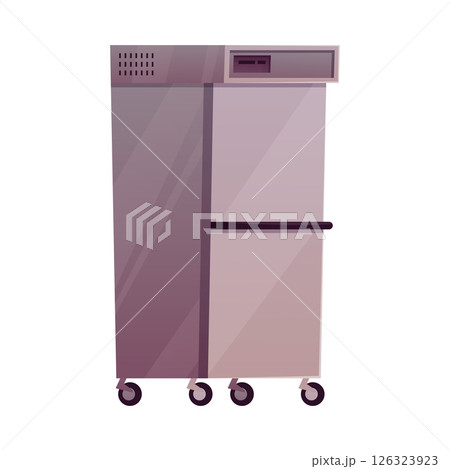 Stainless fridge on wheels, vector flat refrigerator metallic surface household or restaurant kitchen electric appliance 126323923
