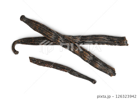 Dried vanilla stick isolated on white background. Top view. Flat lay. Dried vanilla stick isolated on white background. Top view. Flat lay. 126323942