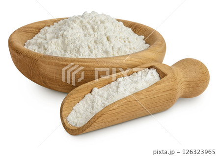White flour in wooden bowl and scoop isolated on white background 126323965