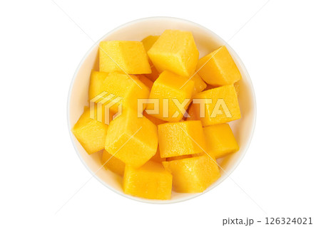 mango diced in ceramic bowl isolated on white background. Top view. Flat lay 126324021