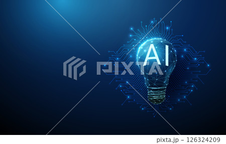 Futuristic light bulb with glowing AI inscription on electronic circuit lines background. AI, smart technology, innovative ideas concept Futuristic light bulb with glowing AI inscription on electronic circuit lines background. AI, smart technology, innovative ideas concept 126324209