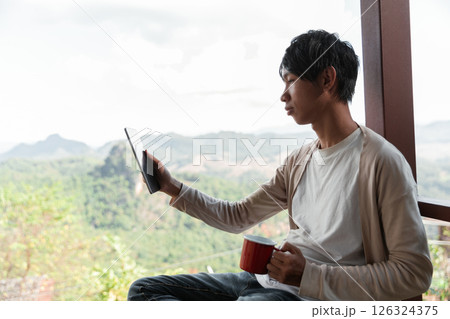 Future remote work combines technology nature smart phone enable e learning productivity while traveling blending comfort modern devices serenity computer equipment business connection natural world Future remote work combines technology nature smart phone enable e learning productivity while traveling blending comfort modern devices serenity computer equipment business connection natural world 126324375