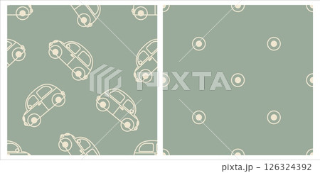 Retro car and wheel seamless patterns on green background 126324392