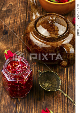 Rose jam in a jar. 126324426