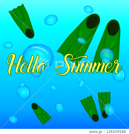 Hello Summer Underwater greeting card vector Illustration with Bubbles and Diving Fins on Vibrant Gradient Background like water. For holiday and vacation banner, summertime, sports, aquatic design. 126324588