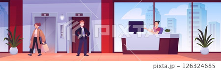 People at hotel or company lobby and reception scene, man waiting for elevator vector flat illustration, hall interior 126324685