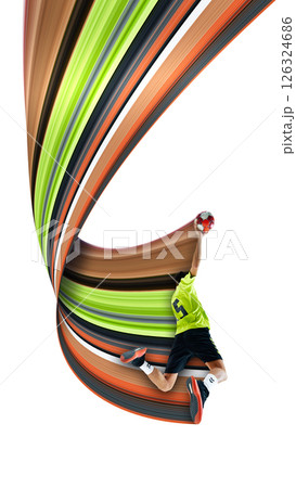Male handball player in green and black uniform mid-air, throwing handball on white background with abstract pixel stretch effect. Male handball player in green and black uniform mid-air, throwing handball on white background with abstract pixel stretch effect. 126324686