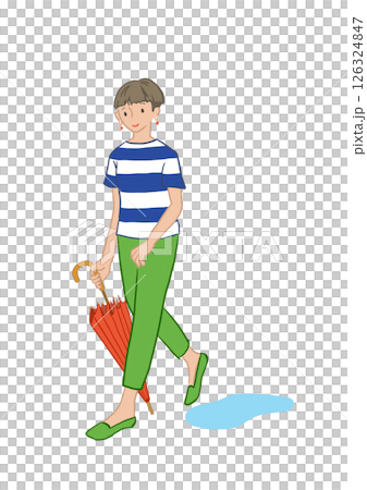 雨上がりのお出かけ/ショートカットの女性と傘 126324847