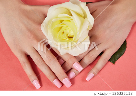 Beautiful Woman Hands. Soft skin, spa skincare concept. Female Hands Applying Cream or Lotion. Hands with pink manicure Beautiful Woman Hands. Soft skin, spa skincare concept. Female Hands Applying Cream or Lotion. Hands with pink manicure 126325118