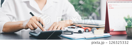 Banner of businesswoman hand stamp approve on financial business approval document paper. hand accept permit contract agreement. Broker manager sign contract bank guarantee approved application form 126325332