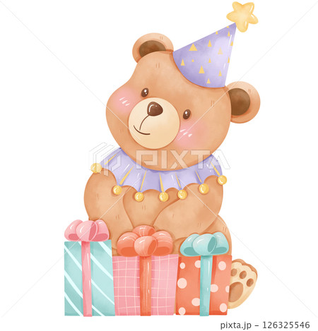Watercolor painting of a happy birthday little bear 126325546