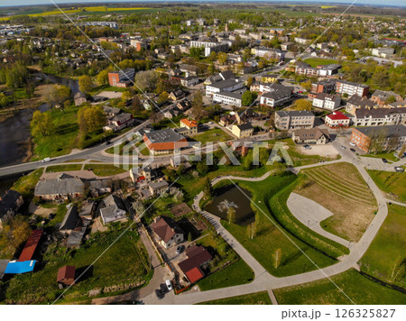new well-kept park for a walk in Dobele, Latvia, facilitated footpath in the city park, top view 126325827