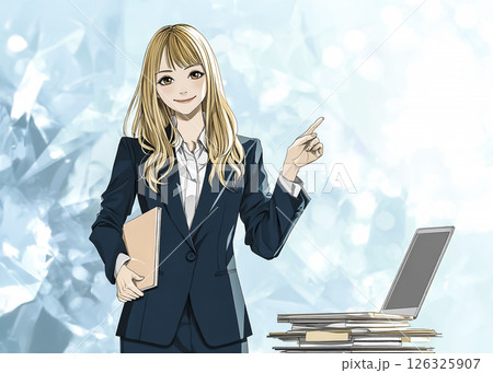 スーツ姿のお勧めポーズをする女性のイラスト素材 スーツ姿のお勧めポーズをする女性のイラスト素材 126325907
