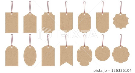 Set of cardboard tag labels on rope for hanging Set of cardboard tag labels on rope for hanging 126326104