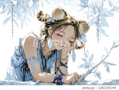 気持ちよくて笑顔でうたた寝するネコの妖精のイラスト素材 126326144
