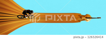 Female cyclist in motion, speeds along stretched cello surface as racing track on blue background. Stretch effect. 126326414