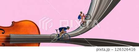 Two cyclists race and climb surreal violin string path over pink backdrop blending sport with rhythm. Stretch effect. Two cyclists race and climb surreal violin string path over pink backdrop blending sport with rhythm. Stretch effect. 126326416