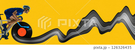 Speed cyclist pedals on vinyl record with surreal track made of sound waves against yellow background. Stretch effect. Speed cyclist pedals on vinyl record with surreal track made of sound waves against yellow background. Stretch effect. 126326435