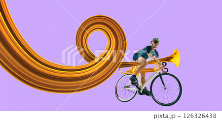 Professional cyclist rides surreal trumpet-shaped track in midair with golden swirls on purple background, musical rhythm. Stretch effect. Professional cyclist rides surreal trumpet-shaped track in midair with golden swirls on purple background, musical rhythm. Stretch effect. 126326438