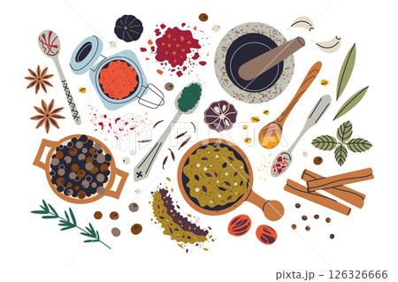 Top view composition with spices in wooden bowls and glass jars. Aesthetic layout with herbs, seasoning blends, kitchen tools vector illustrations, flat icons of cumin, turmeric, pepper Top view composition with spices in wooden bowls and glass jars. Aesthetic layout with herbs, seasoning blends, kitchen tools vector illustrations, flat icons of cumin, turmeric, pepper 126326666