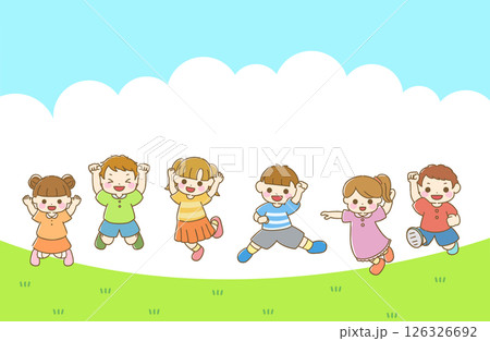 ジャンプする子どもたちのシンプルな手描きイラスト 126326692