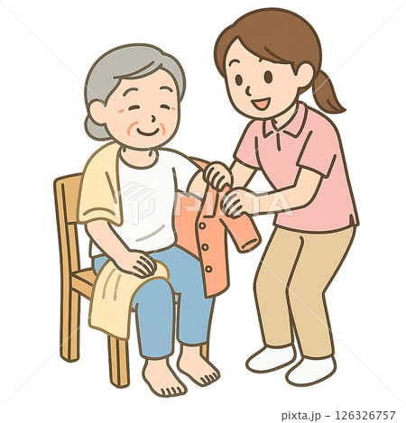 介護職員が高齢者の着衣を支援する様子 126326757