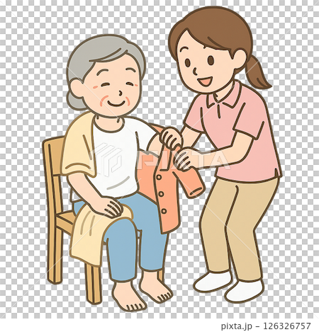 介護職員が高齢者の着衣を支援する様子 126326757