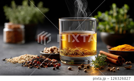 Aromatic herbal tea with spices and herbs on rustic table creating a warm and inviting atmosphere 126326827