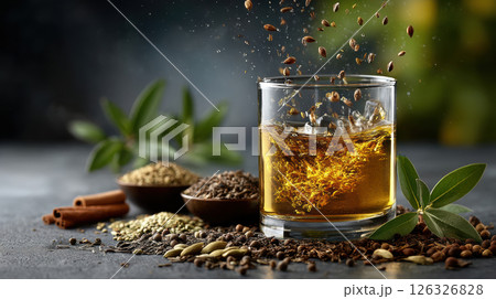 Tea glass and spices with splashing liquid in rustic setting with herbs and seeds 126326828