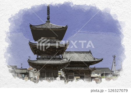 水彩画風　西大寺観音院　三重塔と仁王門　岡山県岡山市 126327079