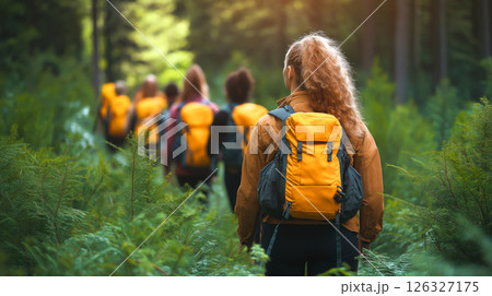 Group of Hikers with Yellow Backpacks Walking Through a Lush Forest Trail in Nature 126327175