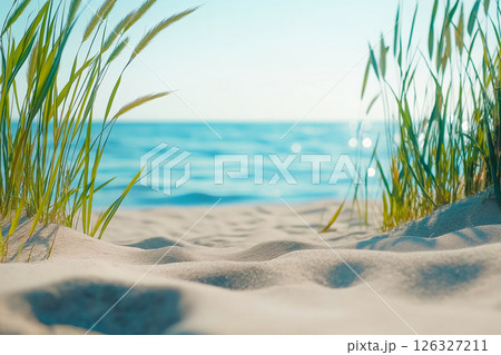 Tranquil Beach Scene with Soft Sand and Lush Greenery Framing a Calm Ocean 126327211