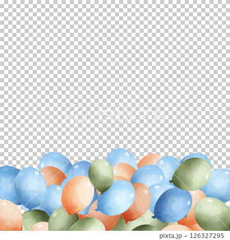 Photo-realistic watercolor border with floating pastel balloons in blue, green, and orange on white background. Soft festive illustration ideal for baby showers and celebration designs. 126327295