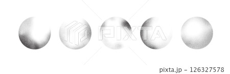 Grain noise dot sphere with gradient spray pattern background vector. Abstract brush round dissolve effect with grainy sand and ink. Sun white black stipple planet fade with halftone shadow ring. 126327578